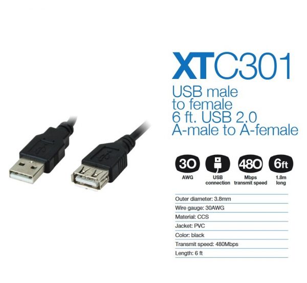 XTECH CABLE USB 2.0 A MACHO - USB 2.0 A HEMBRA 1.8 METROS - Imagen 4